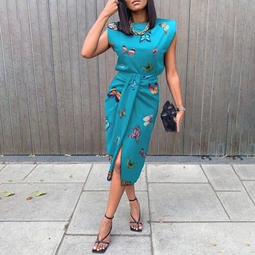 Summer Elegant Butterfly Print Two Piece Set Women Skirt Office Lady O Neck Slim Sleeveless Solid Midi Dress Ensembles Femme