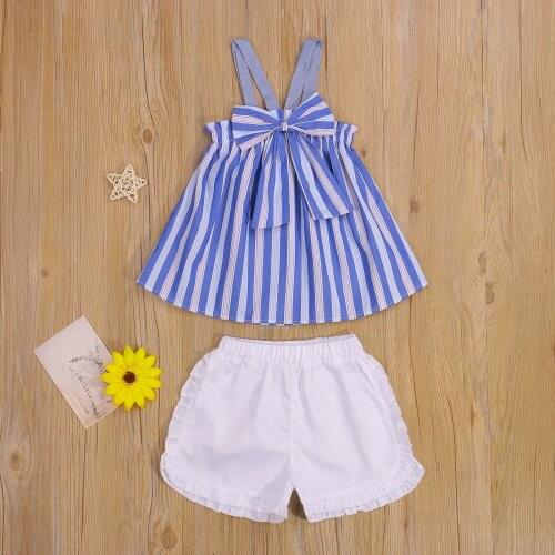 2 Pcs Baby Girls Summer Outfits Blue Striped Big Bowknot Tank Top + Solid Color Ruffle Shorts Kids Casual Clothes