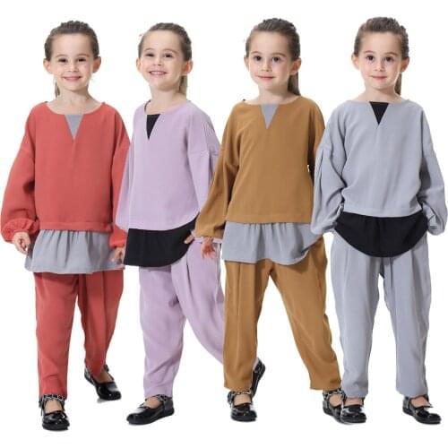 Fashion Muslim Abayas For Children Turkish Saudi Arabia Malay Kids Girls Islamic Clothing Long Shirt Pant Set Harem Pants Suit