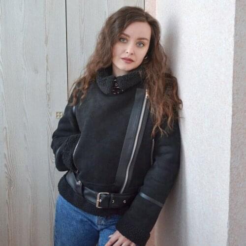 Trendy Nice Winter Faux Shearling Sheepskin Fake Leather Women Jackets Lady Thick Warm Suede Lambs Short Motorcycle Coats