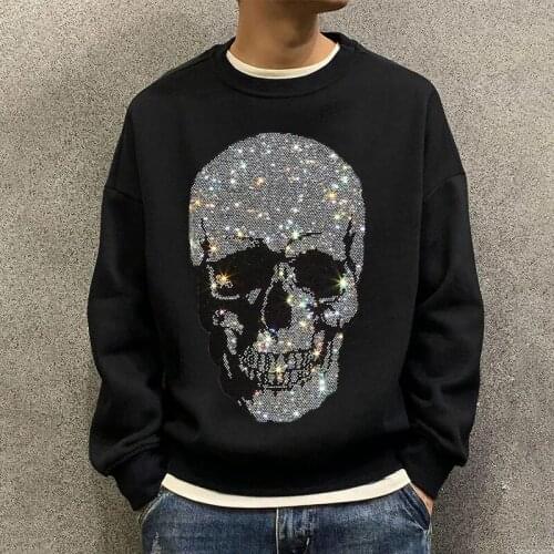 Mens Hoodie Skull Design Rhinestone Winter Pullover Business Casual Party Star Long Sleeve O-Neck Plus Size 5XL Hoody H372