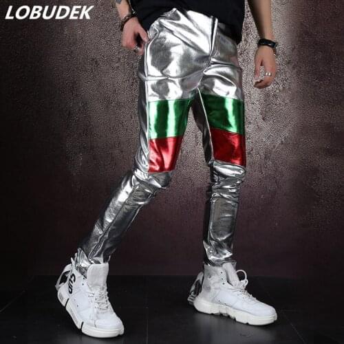 Bar Nightclub Male Rock Singer Silver PU Leather Pants Punk Style Faux Leather Long Pants Dancer Slim Trousers Stage Costume