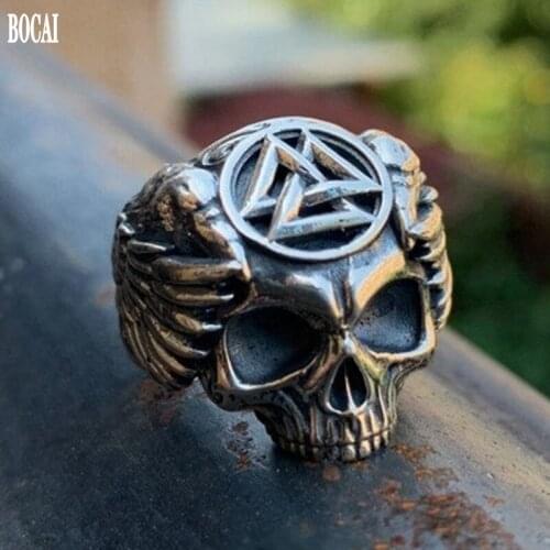 100% real S925 pure silver ring for man vintage Thai silver index finger ring wings skull ring 925 silver men ring