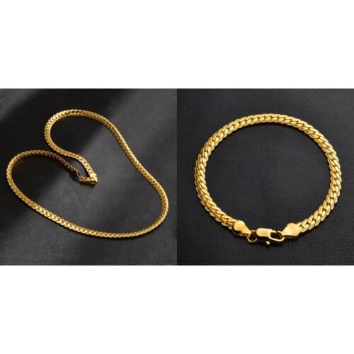 Classic Snake Chain Bracelet And Necklace Set For Men Gift Wholesale Trendy African Dubai 18 K Stamp Gold Color Jewelry Set S374