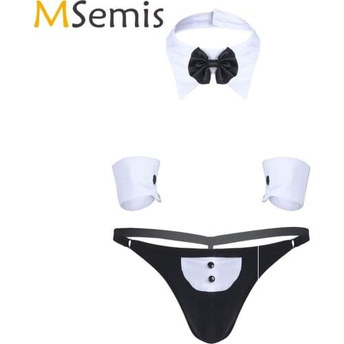 MSemis Mens Sexy Waiter Cosplay Tuxedo Lingerie Set Hot Micro Open Butt Tanga Thong+Collar Bracelets Sissy Maid Roleplay Uniform