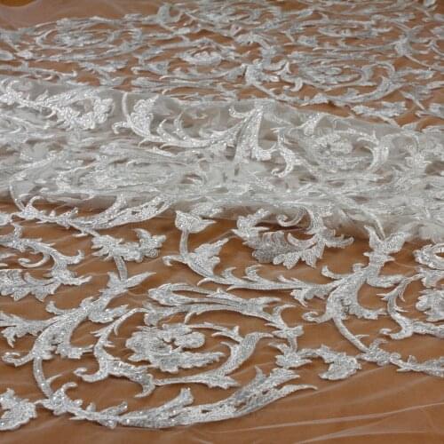 New arrivals off white fashion pattern with sequins on mesh embroidred lace fabric for wedding/evening dress fabric by yard