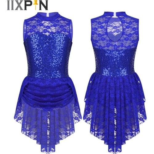 Girls Sequin Figure Ice Skating Dress Ballet Dress Sleeveless Floral Lace Keyhole Back Roller Skating Ballet Dance Leotard Dress