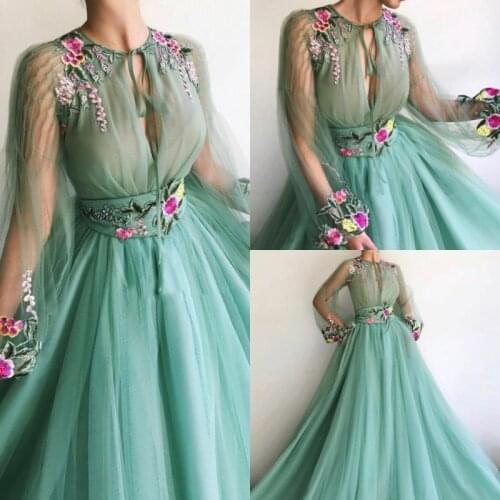 Attractive Prom Dresses Jewel Neck Long Sleeves Lace Appliques A Line Evening Gowns Custom Made Sweep Train Guest Party Dress