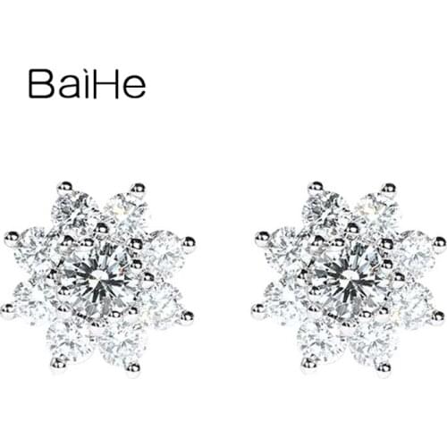 BAIHE Solid 14K White Gold 0.13ct*2+0.64ct Natural Diamonds Fine Jewelry Trendy Flower Stud Earrings сережки бижутерия серьги
