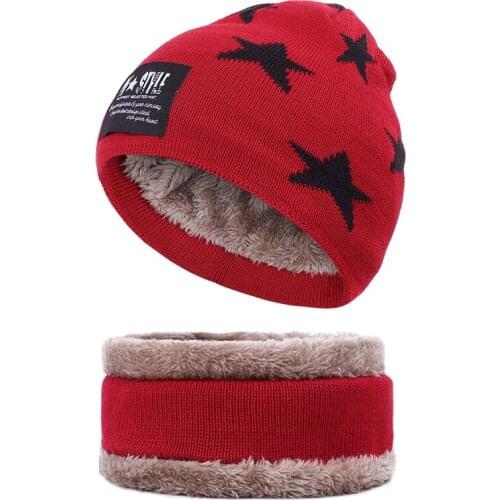 2PCS Children Kids Winter Beanie Hat Scarf Set Knit Warm Thick Plush Velvet Lined Winter Skull Cap Scarf