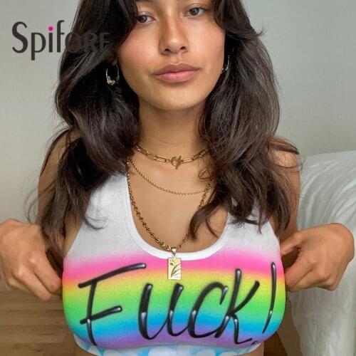 Spifore Rainbow Print Tank Top White Streetwear Summer Ladies Clothes Tie Dye Letter Sleeveless Crop Tops Women