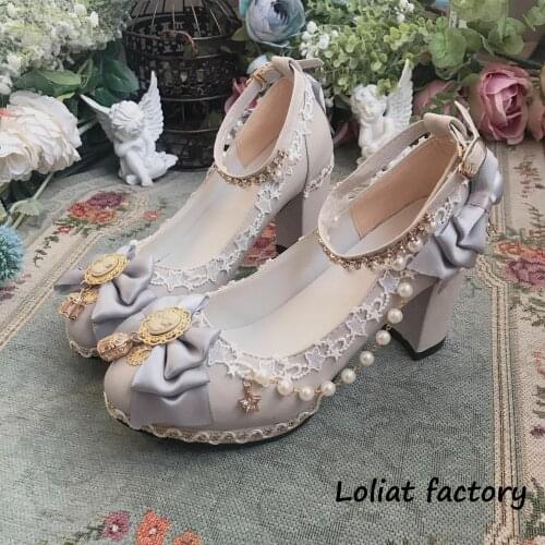 HAND MAKE silver gray Gothic Lolita Cosplay PEARL With BOW Shoes Platform Heel Lolita Shoes Princess Shoes