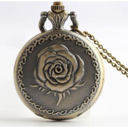 Vintage Bronze Rose Woman Quartz Good Quality Necklace Pocket Watch gift