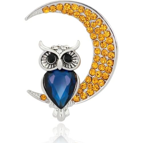 Yellow Rhinestones Moon Owl Pin Brooch Gold-color High Quality Fine Luxury Jewelry For Women & Girls