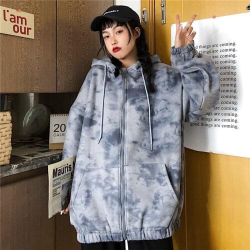 Zipper Tie-Dye Oversized Hoodies Women Plus Size Sweatshirt Hooded Pocket Streetwear Women Coat 2020Fall Winter Japanese Fashion