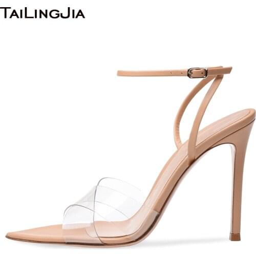 Womens Stiletto High Heel Clear PVC Sandals Elegant Party Heels 2021 Fashion Ladies Black Strppy Sandal Large Size Summer Shoe