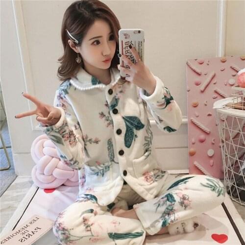 Women Pajamas Set Sleepwear Warm Flannel Long Sleeves Cute Pink Nightwear Girl Pijamas Cute Animal Homewear Home Suit