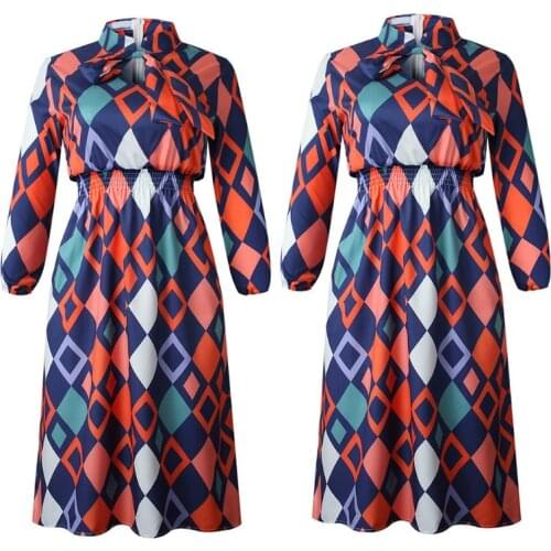 40GC Womens Plus Size Long Sleeve A-Line Midi Dress Bow Tie Collar Elastic High Waist Vintage Boho Geometric Rhombus Printed