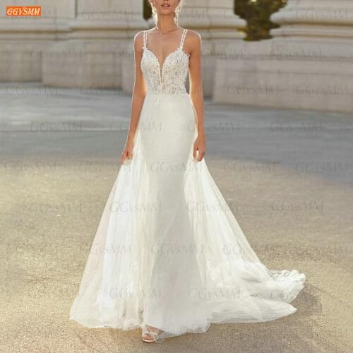 Sexy Mermaid Wedding Dresses Ivory 2021 vestido de noiva Tulle Slim fit Women Bridal Dress Lace Appliqued vestido de casamento