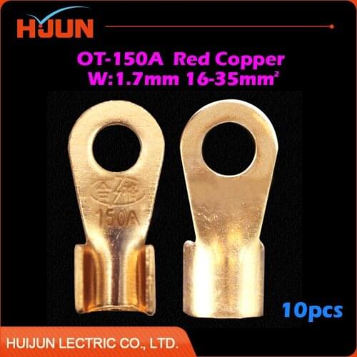 10pcs/lot OT-150A 10.2mm Dia Red Copper Circular Splice Crimp Terminal Wire Naked Connector for 16-35 Square Cable