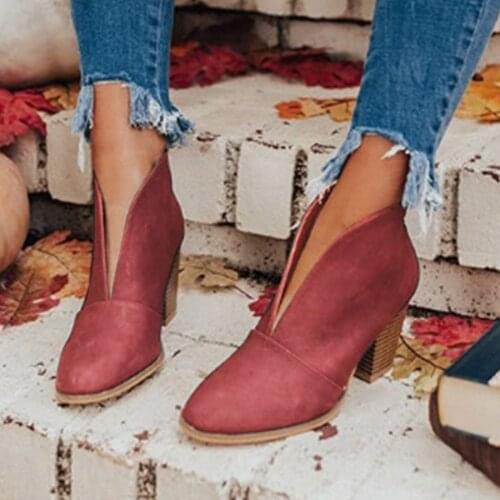 2021 New Winter Women Boots V Cutout Ankle Boots Stacked Heel Booties Fahsion Chelsea Boots PU Botas Zapatos Mujer SIze 75-42