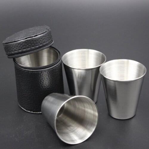 4pcs/set 30ml Stainless Steel Coffee Cup Portable Coffee Wine Cup Outdoor Camping Travel Mug Set With Faux Leather Case Cover