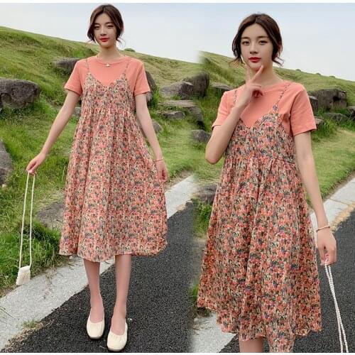 5816# T shirt + Dress Maternity Clothes Loose Stylish Short Sleeves Floral Dress for Pregnant Women Mom Dress