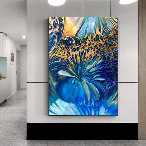 Abstract Blue Golden Flower Picture Wall Poster Modern Blue Golden Canvas Print Painting Art Aisle Living Room Unique Decoration
