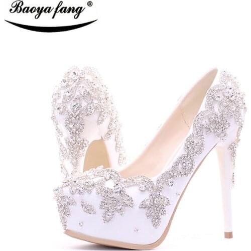 BaoYaFang New arrival Crystal sliver Rhinestone shoes Womens High heels wedding shoes platform shoes woman thin Pumps female