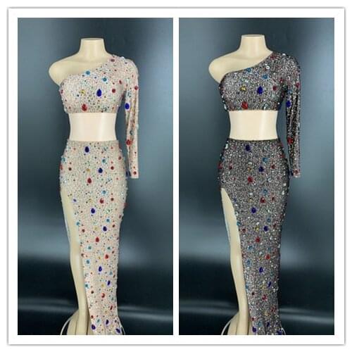 Sparkly Multi-color Glass Rhinestones Long Dress Womens Set Birthday Celebrate Outfit One Sleeve Dancer Set
