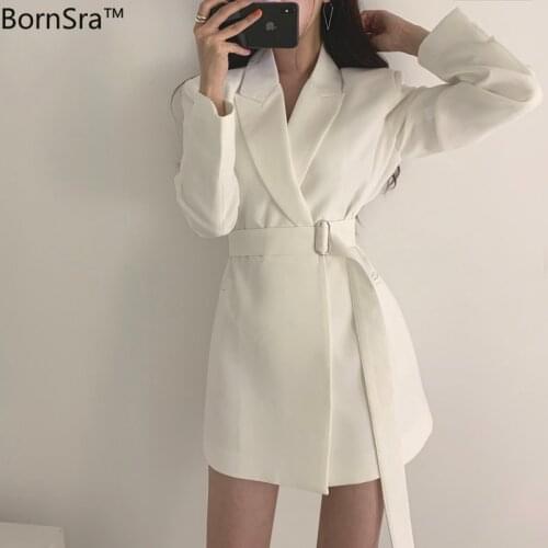 BornSra Vintage White Lace Up Women Blazer Notch-neck Loose Women Jacket Elegant Outerwear Autumn Full Sleeve Female Jacket 2020