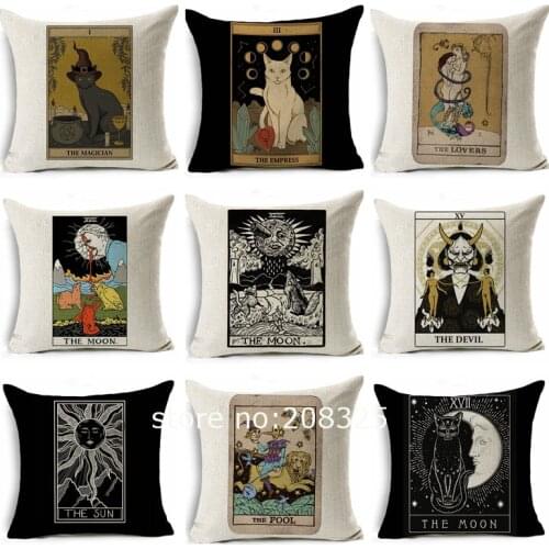 ZENGIA Tarot Card Cushion Cover Decorative Shar Pei Dog Pillow Case Retro Cat Linen Print Pillow Cover For Sofa Funda Cojin