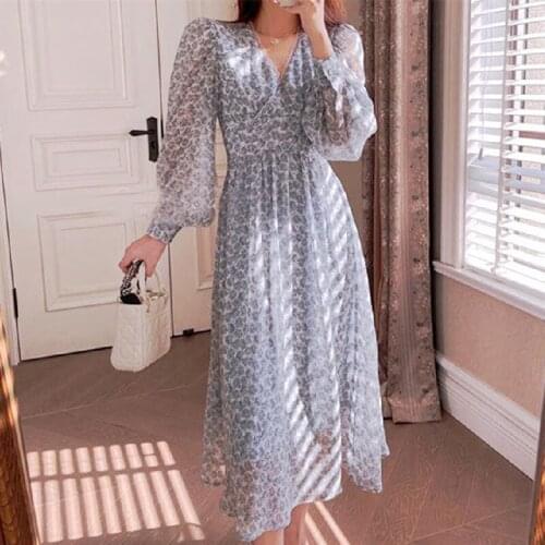 Sweet Office Lady 2021 Summer French Chiffon Fairy Dress Women Long Sleeve Floral Princess Dress for Females Beach Party Dress