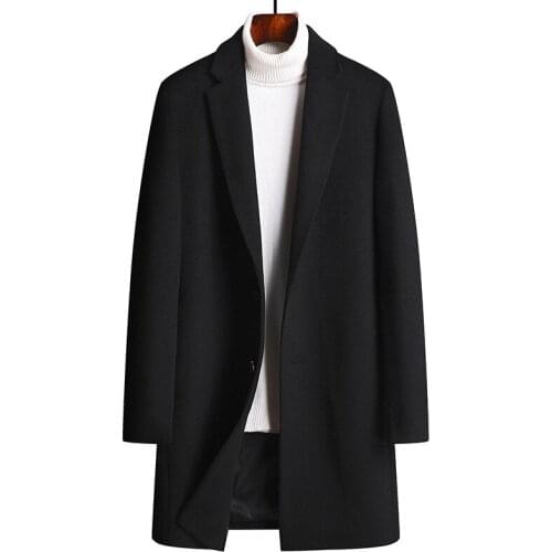 Fashion Mens Woolen Overcoat Single Breasted Long Trench Coat Slim Fit Solid Color Black Gray Blue