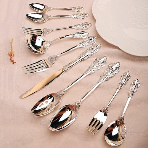 10pcs/set Silver Plated Dinnerware set Steak Knife Dinner Fork Teaspoon Cutlery Christmas Flatware Silverware Wedding Gifts