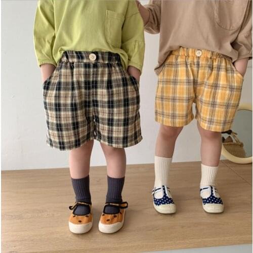 2021 new style girls boys plaid shorts summer cotton linen fashion kids shorts