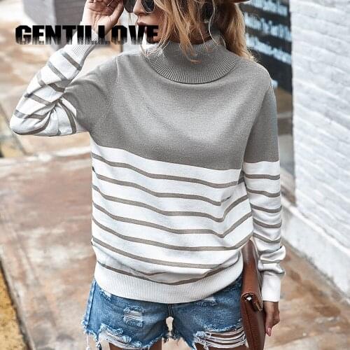 Autumn Winter Pullover Sweater Office High Neck Striped Long-sleeved Female Sweater Blouse Korean Style Casual Slim Sweater