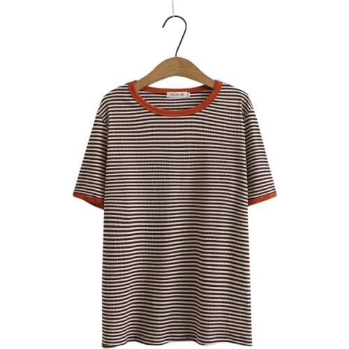 Plus Size XL-3XL Womens Short Sleeve Striped Tshirts Oversized Slim Tops Large Size Vintage Slim Shirts