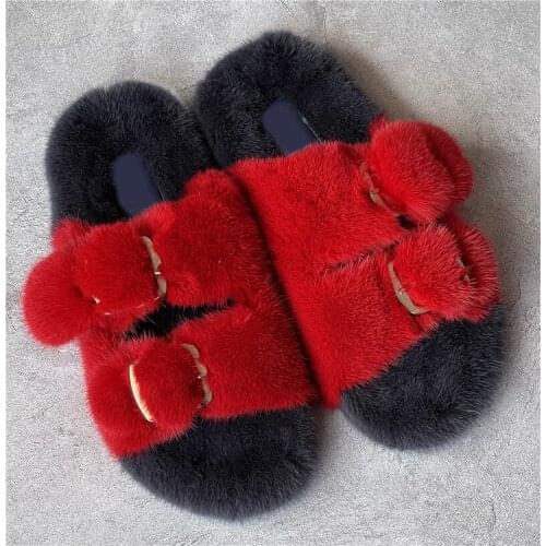 Women Temperament Slippers Mink Fur Slippers Open-Toe Set Foot 2021 Vacation Beach Flat Sandals Casual Flip Flops Women Shoes