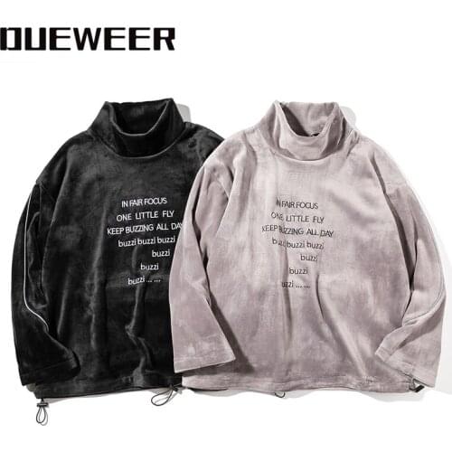 Dueweer Retro Embroidery Turtleneck Hoodie Harajuku Oversized Pullover Fashionable Gold Velvet Men Sweatshirts Hoodies