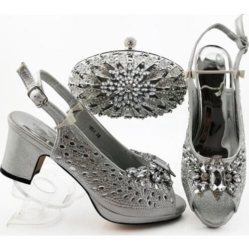 High Quality African Woman shoes And bag Set For Party Nigerian Ladies Wedding Shoes and Bag Set Silver Color