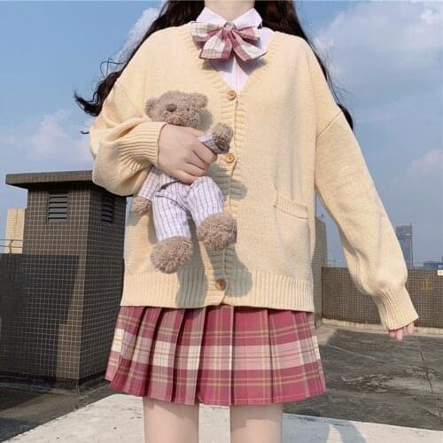 Japanese College Style JK Uniform Sweater Coat Sweet Girl V-neck Knitted Mid-Length V-neck Outerwear Cardigan Top school girl