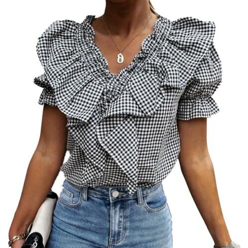 Women T-shirt Plaid Ruffled Summer Puff Sleeve V Neck Short Sleeve Top for Dating Casual Women Tops Girls Tshirt 2XL