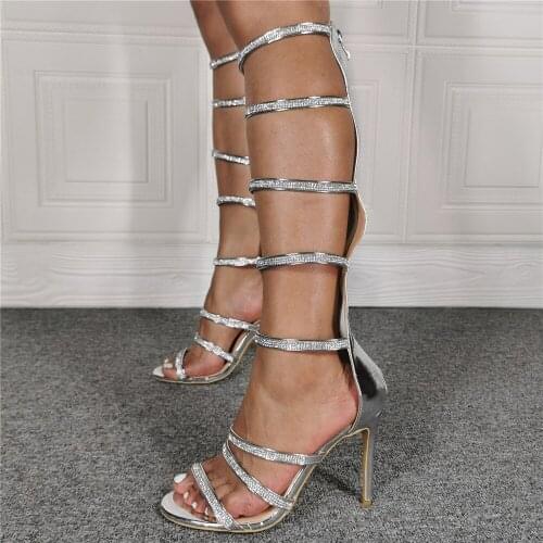 Crystal Bling Bling Knee High Boots Summer Cut Out Zipper Women Sandals Open Toe Hollow Rome Ladies Shoes Runway Party Shoe