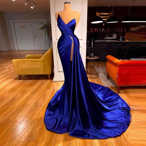 Blue Sexy Fashion Elegant Evening Dress Strapless V-Neck Floor Length With Train High Split Prom Dress Plus Size Custom Made