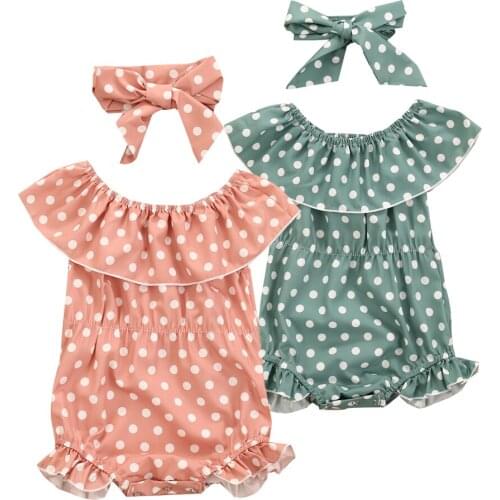 Newborn Baby Girls Clothes Summer Polka Dot Bodysuit Off-Shoulder Ruffle Hem Pink 2pcs Jumpsuit Bowknot Headband