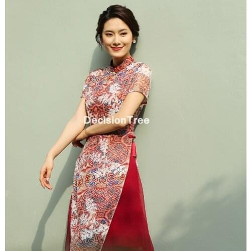 2021 ao dai cheongsam folk style vietnam chiffon aodai graceful stand collar elegant women chinese traditional dress party dress