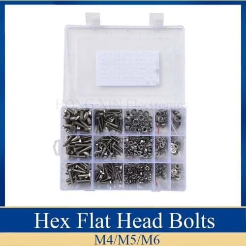 510pcs/Set M4/5/6 Stainless Steel Metric Hex Flat Head Bolts Screws Nuts Flat and Lock Washers Assortment Kit