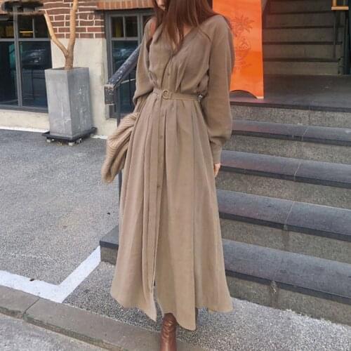 One Piece Long Dresses V-neck Single-breasted Female 2021 Spring Elegant Long Sleeve Belted Women Dress Straight Loose Vestidos