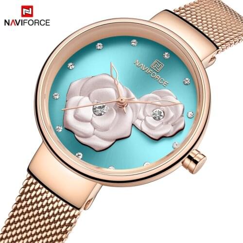 NAVIFORCE Luxury Casual Ladies Watch Waterproof Rose Gold Steel Mesh Quartz Women Fashion Dress Clock Relogio Feminino Flower